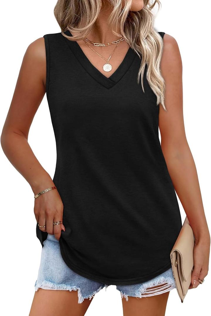 OFEEFAN Womens Tank Tops 2025 Loose Fit Casual V Neck Shirts Flowy Sleeveless Summer Tops (Large, Black)