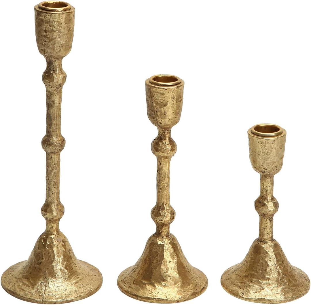 NIKKY HOME Gold Taper Candle Holders Set of 3, Vintage Decorative Resin Candlesticks Centerpieces Decor for Dining Room Table Wedding Party Mantle Fireplace