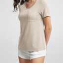ODODOS Women's Short Sleeve T-Shirts with Pocket - Ultra Soft Relaxed Tee Casual Lounge Yoga Tops, Beige, Medium (M)