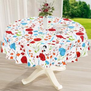 misaya Round Waterproof Vinyl Table Cloth, Wipeable Tablecloth with Flannel Backing, Plastic Table Cover for Dinner, Picnic, Indoor and Outdoor (Flowers, 60") Off White