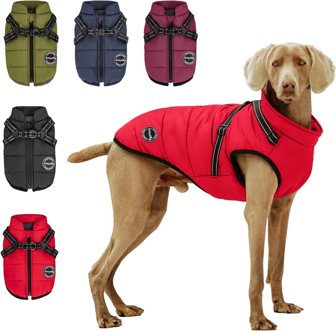 Warm Dog Winter Coat, Fashion Sports Dog Cold Weather Jacket with Built-in Harness, Reflective & Adjustable Comfortable Pet Vest, Windproof Apparel for Small Medium Large Dogs (Red) (2XL)
