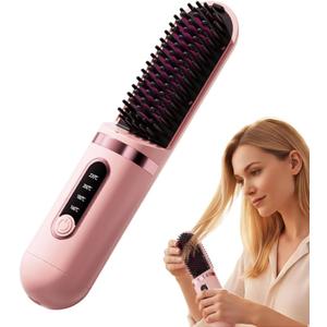 Cordless Hair Straightener Brush - Portable Hair Brush Straightener Cordless for Travel - 300 Million Negative Ions for Frizz-Free Shine, Touch Up On-The-Go,Type-C Rechargeable,Fast Heating (Pink)