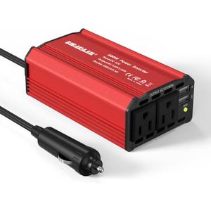 600W Car Voltage Converter Inverter DC 12V to AC 110V Ports Fast Charging Car Charger with Cigarette Lighter Plug with 2 Sockets and 2 USB for Business Trips and Vacation (red)