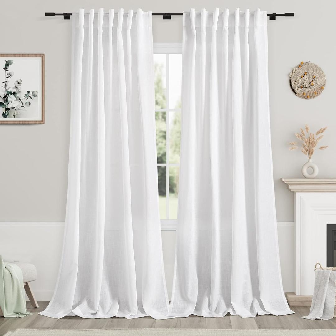 White Linen Curtains 100 inches Long for Bedroom Back Tab Light Filtering Privacy Sheer White Curtains Modern Farmhouse Coastal Decor Off White Cotton Textured Curtain for Living Room 2 Panel Set (52"W x 100"L (Pack of 2), White)