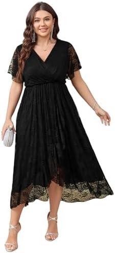 SCOMCHIC Womens Plus Size Wedding Guest Dress Formal Lace Wrap V Neck High Low Short Sleeve Cocktail Maxi Dresses 3XL