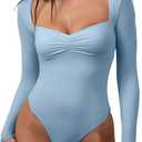 CHYRII Womens Sexy Square V Neck Bodysuit Tops Fall Fashion Long Sleeve Going Out Tops (Medium, Blue)