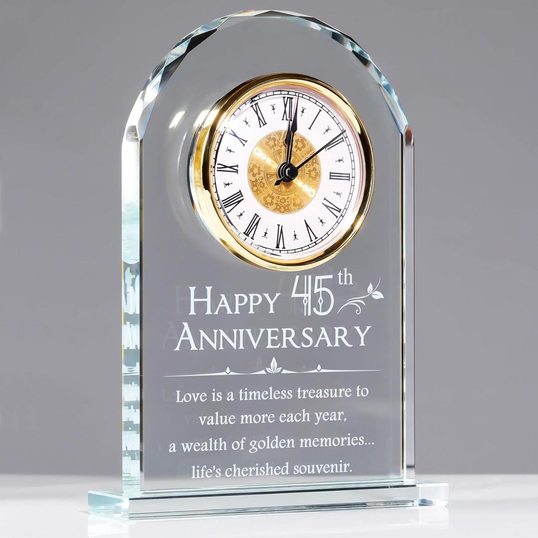 YWHL 45th Wedding Anniversary Quartz Clock Gift for Parents, 45 Year Anniversary Romantic Gifts for Couples, Happy 45th Anniversary Glass Keepsakes Decorations (Battery not Included)
