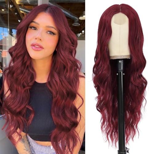 NAYOO Long Wine Red Wavy Wig for Women 26 Inch Middle Part Curly Wavy Wig Natural Looking Synthetic Heat Resistant Fiber for Daily (Wine Red)
