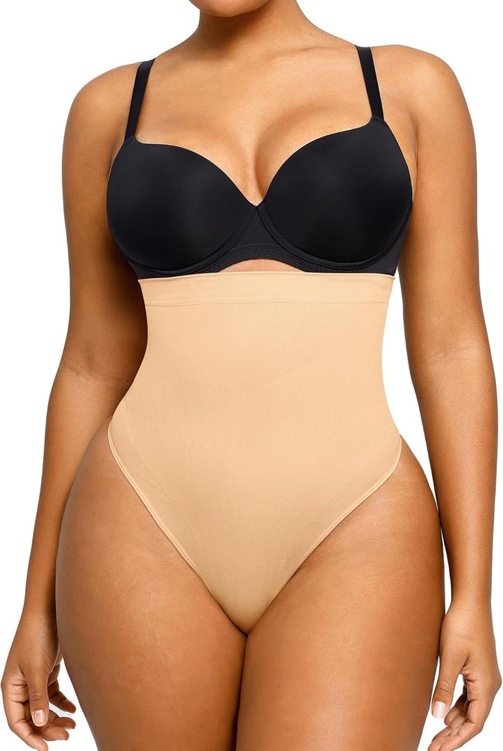 SHAPELLX Shapewear Tummy Control Seamless High Waisted Body Shaper Waist Slimming Thong Underwear Girdle Tummy Slimmer (Medium-Large, 01-sandy Brown-thong)