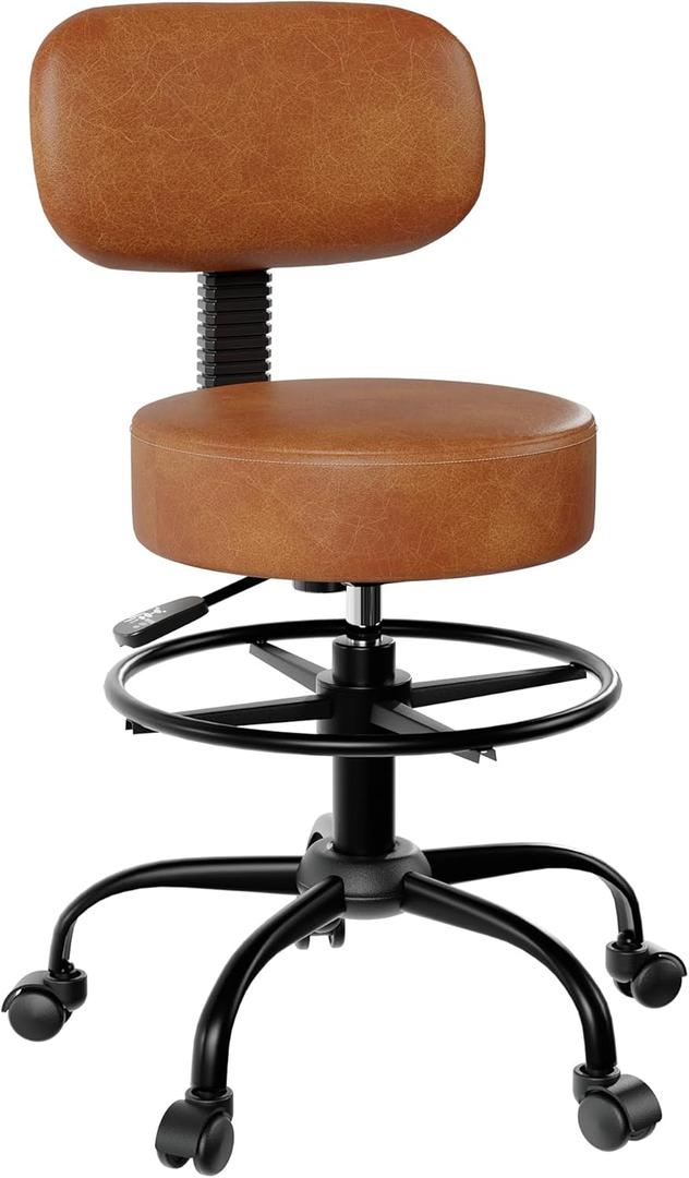 Drafting Chair with Back, Adjustable Foot Rest Rolling Stool(1,Brown)