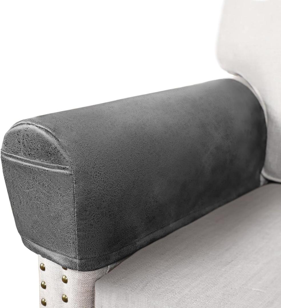 Leather Look Couch Arm Covers Set of 2 Armrest Covers for Sofa Chair Arm Protectors Stretch Armchair Slipcovers with Pockets Washable Spandex Fabric (Large, Light Grey)