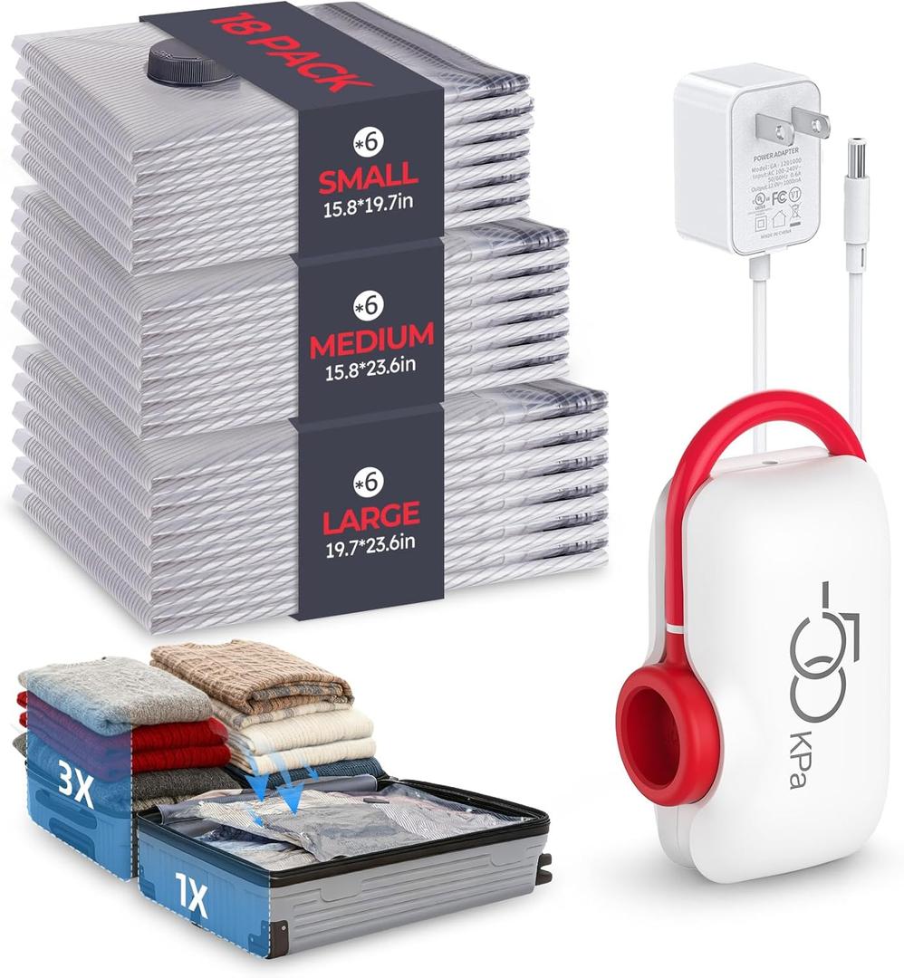 VMstr 18-Pack Vacuum Bags for Travel, Vacuum Seal Compression Bags for Clothing, Carry-On Luggage Space Saver Bags with Plug-in Electric Pump