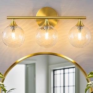 WILON Brushed Nickel Bathroom Light Fixtures, 3-Light Modern Vanity Lights Over Mirror with Bubble Globe Clear Glass Shade for Mirror Kitchen Living Hallway Cabinet Porch(G9 Bulb - not Included) (Gold)