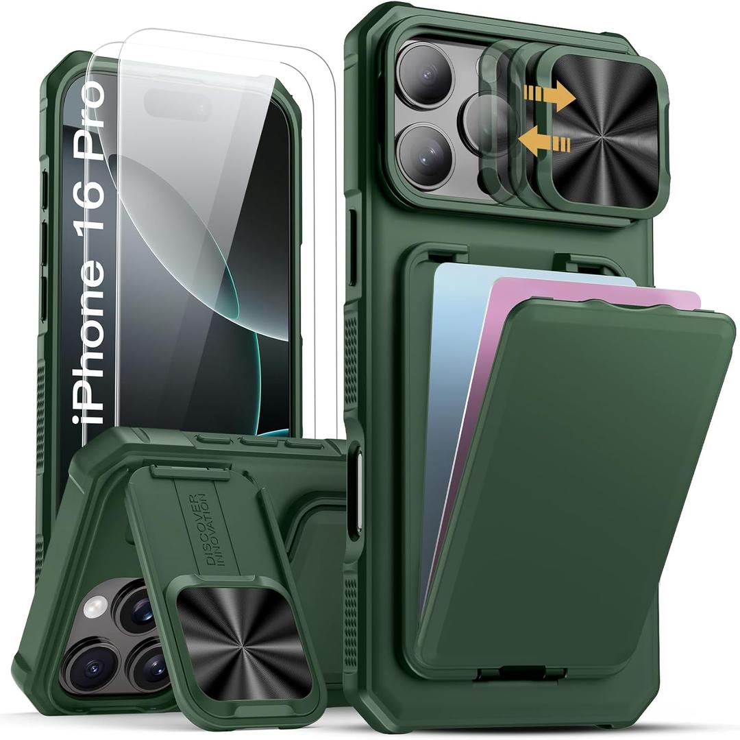 SSLOTSCASE for iPhone 16 Pro Wallet Case with 2X Screen Protector, Card Holder & Hidden Kickstand & Camera Protection, Stylish Durable TPU Soft Silicone Edge Protective Cover for iPhone 16 Pro, Green