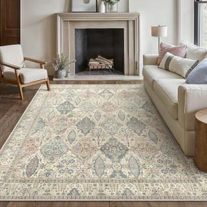 Bavni Area Rug 6X9, Oriental Vintage 6X9 Area Rugs, Large Rugs for Living Room, Non Slip Boho Rugs for Bedroom Dorm, Low Pile Aesthetic Washable Rug for Dining Room Office, Beige Ivory