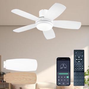 KNUN 42 Inch Ceiling Fan with Light and Remote/App Control, Low Profile Ceiling Fans with Lights,Flush Mount, Double-sided Blades, 3CCT, Dimmable, Noiseless, white Ceiling Fan for Indoor/Outdoor Use