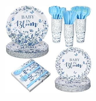 Yungyan 252 Pcs Baby in Bloom Blue Floral Baby Shower Party Tableware Set Included Plates Napkins Cups Forks Knives Cutlery for Party Decorations Supplies 36 Guests