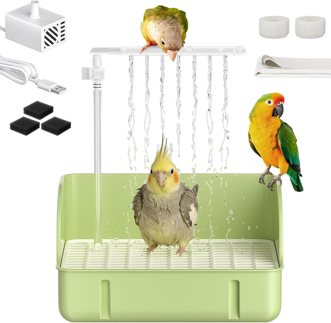 Pawfly Automatic Bird Bath for Cage, Bird Bath with Pump, Filter Sponges & Splash Guard Liner, Large Bird Shower with Running Water, Indoor Parrot Bath for Pet Birds, Bird Cage Accessories