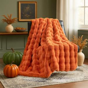 Cozy Bliss Faux Fur Throw Blanket for Couch, Fuzzy Soft Plush Thick Bubble Blanket for Sofa Bedroom Living Room, 50 * 60 Inches Halloween Burnt Orange