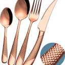 16-Piece Modern Copper Hammered Silverware Set with Ultra Sharp 2-IN-1 Serrated Knife, Rose Gold 18/10 Stainless Steel Flatware Set, Utensil Cutlery Set for 4 Person, Forks Spoons Knives Set