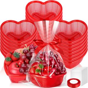 24 Pcs Valentine's Day Heart Baskets Hollow Fruit Basket with Clear Packaging Bags and Red Ribbon for Centerpiece, Wedding Favor, DIY Treat Box, for Fruit, Candy, or Small Gifts