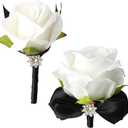 Wrist Corsage Rose Corsage and Boutonniere Set for Bride Groom Wedding Prom Party Hand Flower Decoration Set of 2 (Black & White)