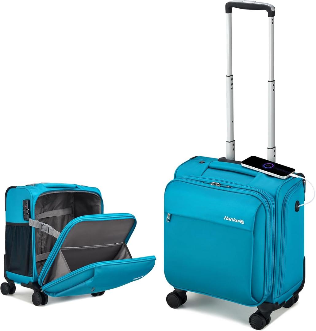 Hanke 16 Inch Underseat Carry On Luggage with Wheels Small Suitcase Softside Luggage Bags for Travel Lightweight Suitcases with Wheels Travel Luggage Personal Item for Men and Women(Caribbean Blue)