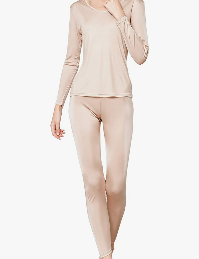 METWAY Women's Silk Long Johns V-Neck Pure Silk Thermal Underwear Sets for Winter Base Layer, Size S