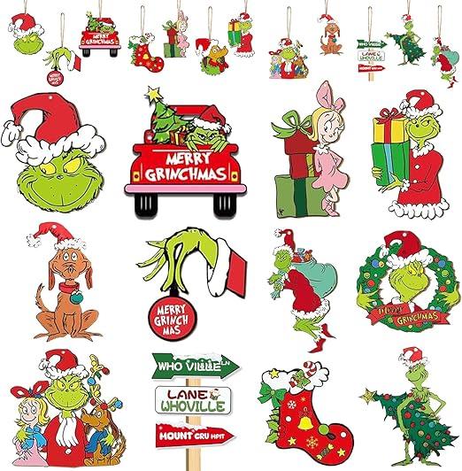 Griinch Ornaments for Christmas Tree Wood, Double-Sided Printing 24 Pcs Christmas Tree Decorations Hanging Ornaments for Tree Home Indoor Outdoor Decorations Pack Of 16