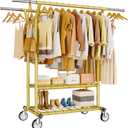 HYSEYY Heavy Duty Clothes Rack, Rolling Clothing Racks With Shelves Load 620 LBS, Double Rod Clothing Racks for Hanging Clothes, Portable& Adjustable Clothes Rack with Wheels Garment Rack,Gold