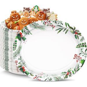 50 Count Oval Christmas Plates, 12"x10" Heavy Duty Paper Plates with Holly Leaves Red Berries for Xmas Holiday Wedding Green and Red Party Supplies Decor