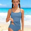 CRISONE Girl Swimsuit 2 Piece Ribbed Solid Color+Tropical Print Tankini Swimsuits Modest Swimwear Girl Bathing Suit for 11-12Y