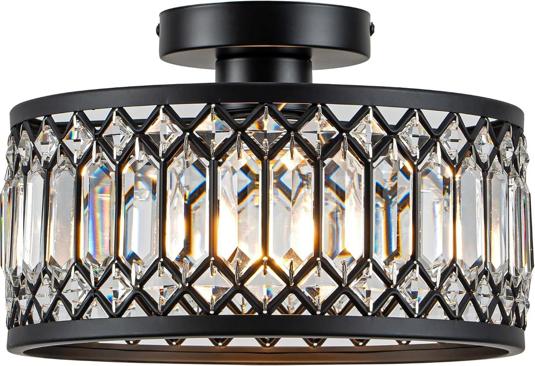 Rpzloila Crystal Ceiling Light Fixture, Modern Flush Mount Ceiling Light, Black Crystal Chandelier for Kitchen Bedroom Bathroom Entryway Hallway