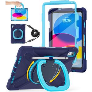 BATYUE Case for iPad (A16) 11th/10th Gen 11''/10.9'' 2025/2022 - Heavy Duty Shockproof Cover with 360 Rotating & 180 Folding Stand, Screen Protector, Shoulder Strap & Pencil Holder | NavyBlue