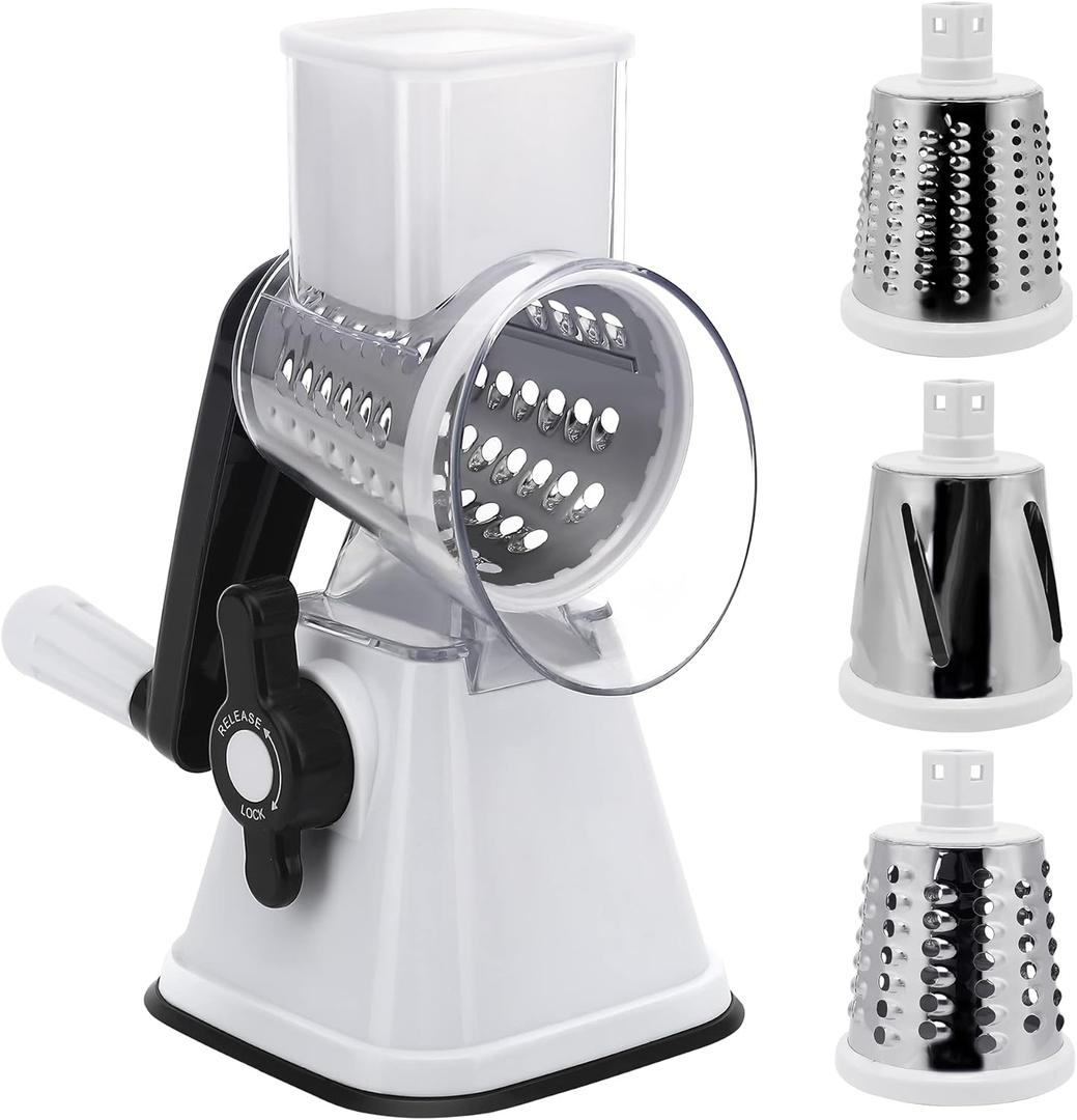 Cheese Graters with Handle, Manual Cheese Shredder Rotary Grater with 3 Replaceable Drum Blades for Vegetables, Fruit, Food, Nuts (White)
