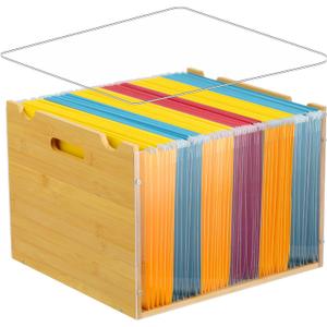 Bamboo File Organizer Box with Lid, Hanging File Storage Box with Handle suitable for Home Office Desk Banker Document Letter Size