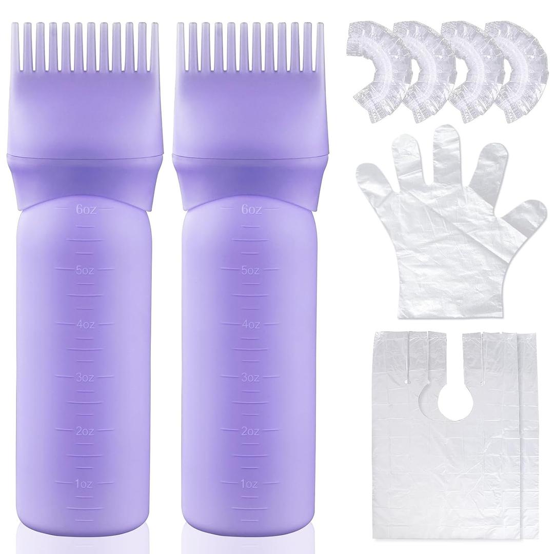 Hair Oil Applicator 2 Pack 6 Ounce Leak Proof Root Comb Bottle with 12-Tooth Comb for Hair Dye & Oil, Graduated Scale (Purple)