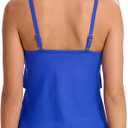Period Swimwear Layered Ruffled Two Piece Tankini Swimsuit Flounce Top | Tiered Ruffle Style,V-Neck,Adjustable Straps,Mid Waist Bathing Suit Bottom,Removable Pad,Pool Beach Resort,Teen Women (Black, XS)