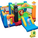 Train-Themed Kids Inflatable Bouncy Castle Slide & Basketball Hoop w/950W Blower, With Balls, Overall Dimensions: 15.5ft x 12ft x 8ft
Dimensions of Jumping Area: 82.5" x 65"