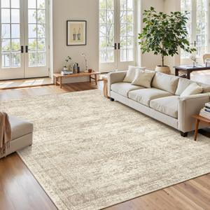 Soalmost 7x9 Area Rug for Living Room Washable Abstract Vintage Soft Thin Indoor Floor Non-Slip Carpet for Bedroom Dining Room Beige