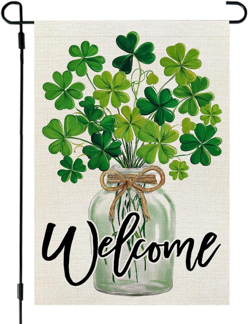2 x CROWNED BEAUTY St Patricks Day Garden Flag Shamrocks Clover Mason Jar 12x18 Inch Double Sided Green Holiday Decoration for Outdoor Lawn Yard CF1939-12
