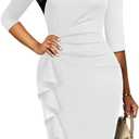 Church Dresses for Women 3/4 Sleeve Bodycon Ruffle Vintage Wear to Work Pencil Midi Dress (White, M)