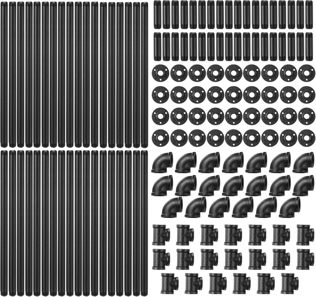 30 Pcs Black Iron Pipe Fitting Set with Threaded Hole Industrial Vintage Style, Paint Metal Pipe Nipple/Malleable Iron Floor Flange Elbow Tees Combo for DIY Furniture Shelving(1/2 Inch)