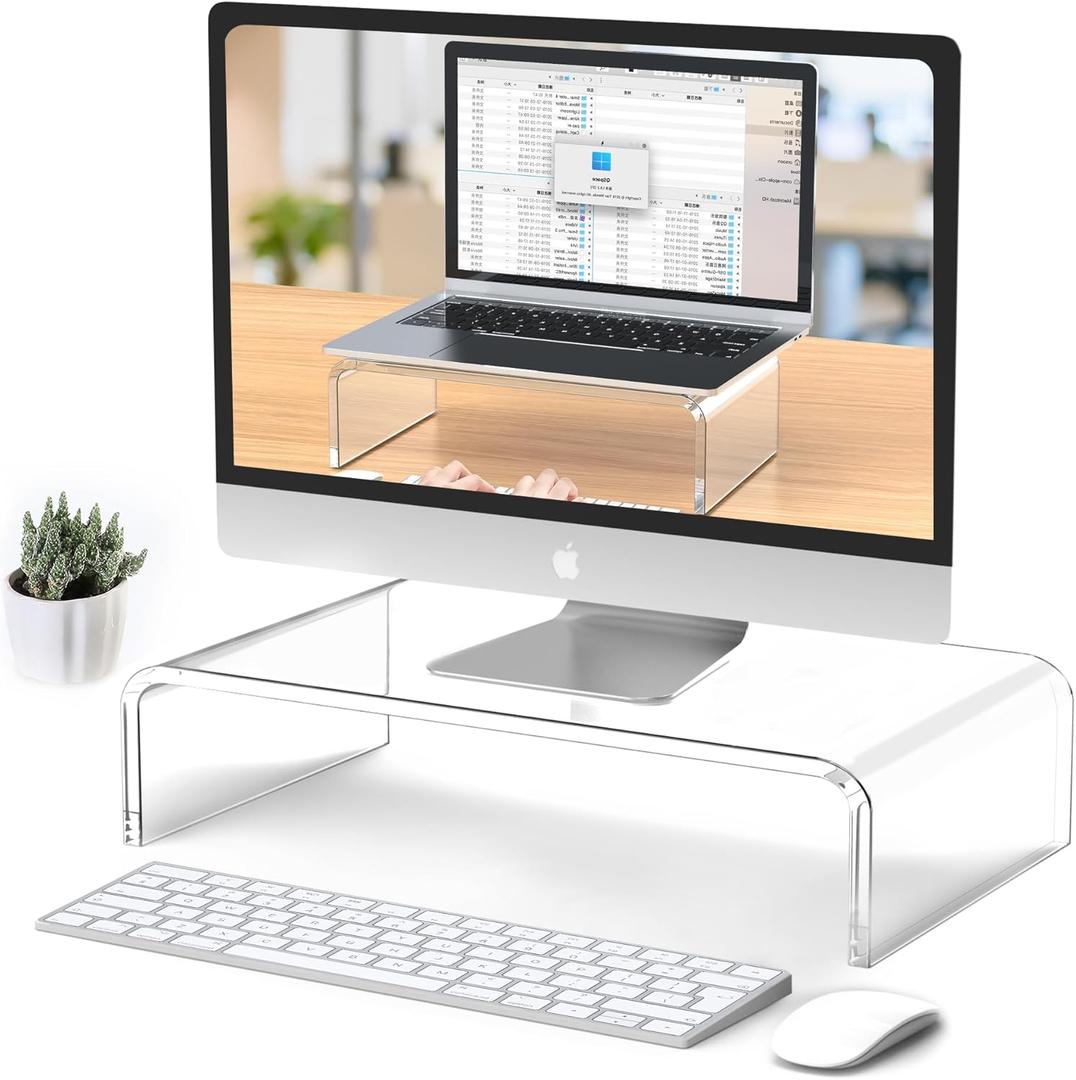 Acrylic Monitor & Laptop Stand Riser - Clear Computer & Laptop Stand for Desk - Compatible with iMac, MacBook & All Notebooks - White Aesthetic Decoration for Office & Home