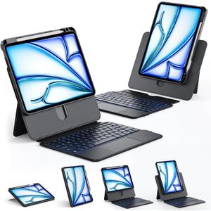Keyboard Case for iPad 11-inch (A16, 2025) and iPad 10th Gen 10.9-inch with Multi-Touch Trackpad, 360° Rotating Kickstand, Portrait & Raised Modes, Detachable Cover, 7-Color Backlight – Black