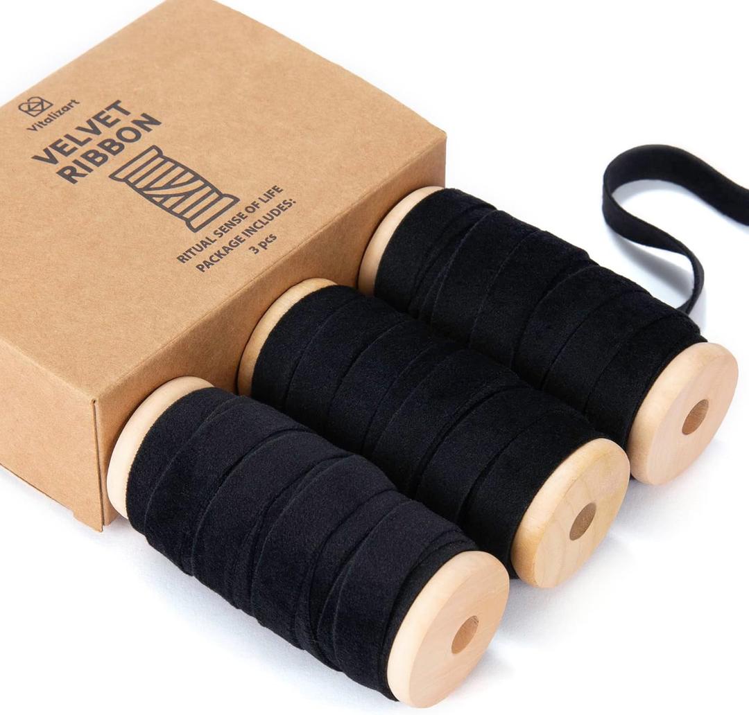 3 x Vitalizart Black Velvet Ribbon Set 3/8" x 15 Yd Wooden Spool Fabric Trim 3 Rolls * 5 Yd for Christmas Wreath Decoration Handmade Craft Ornaments Gift Wrapping & Bow Making