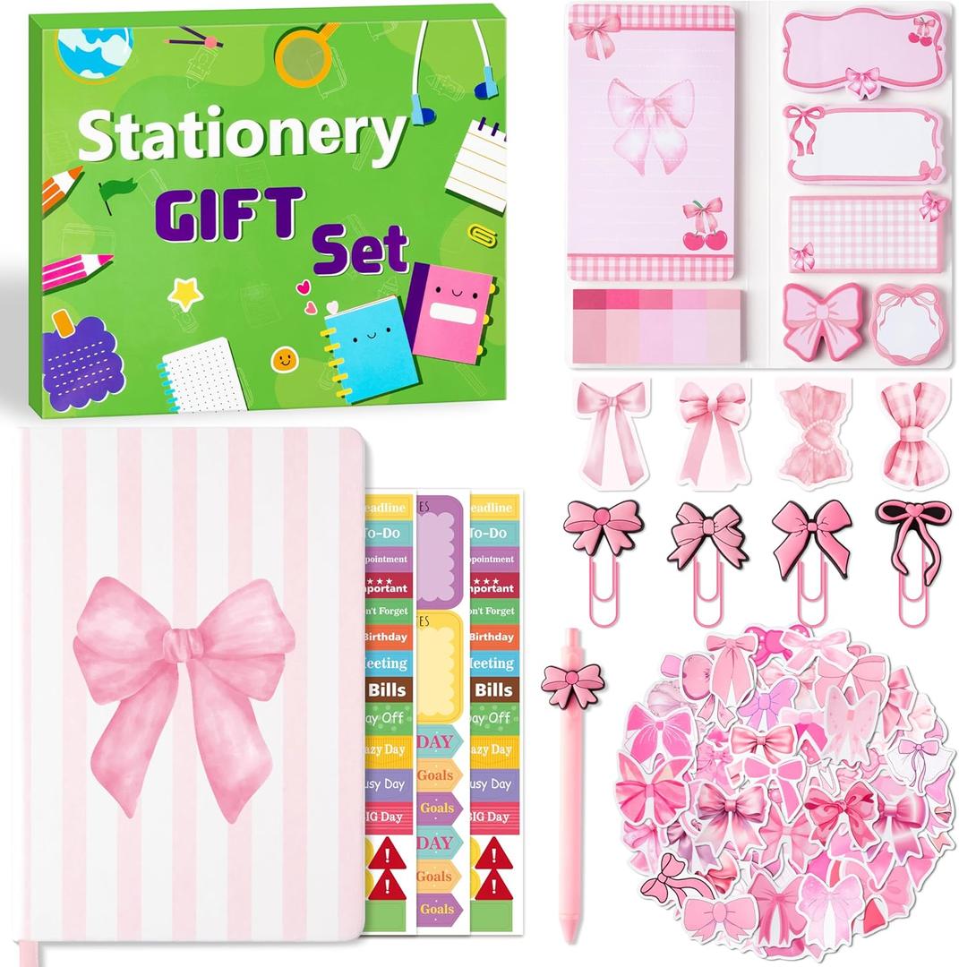 Xqumoi Coquette Pink Bow Stationery Gift Set - Sticky Note A5 Hardcover Ruled Journal Notebook with Planner Sticker Magnet Bookmark Paper Clip Gel Ballpoint Pen for Birthday School Office Supplies Xqumoi Coquette Pink Bow Stationery Gift Set - Sticky Note A5 Hardcover Ruled Journal Notebook with Planner Sticker Magnet Bookmark Paper Clip Gel Ballpoint Pen for Birthday School Office Supplies