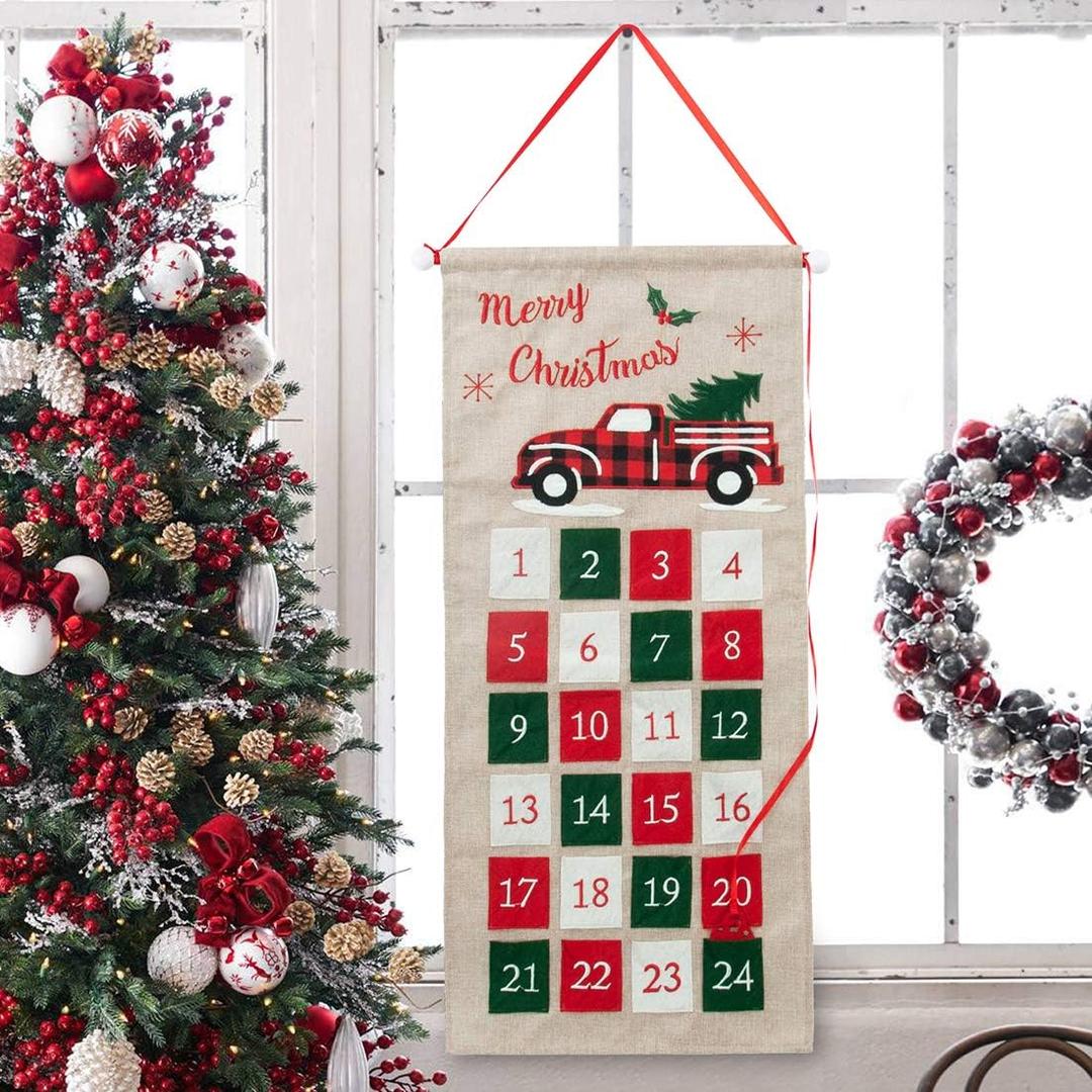 GMOEGEFT Burlap Advent Calendar 2025 Countdown to Christmas with Truck Applique Hanging Xmas Home Wall Fabric Decoration