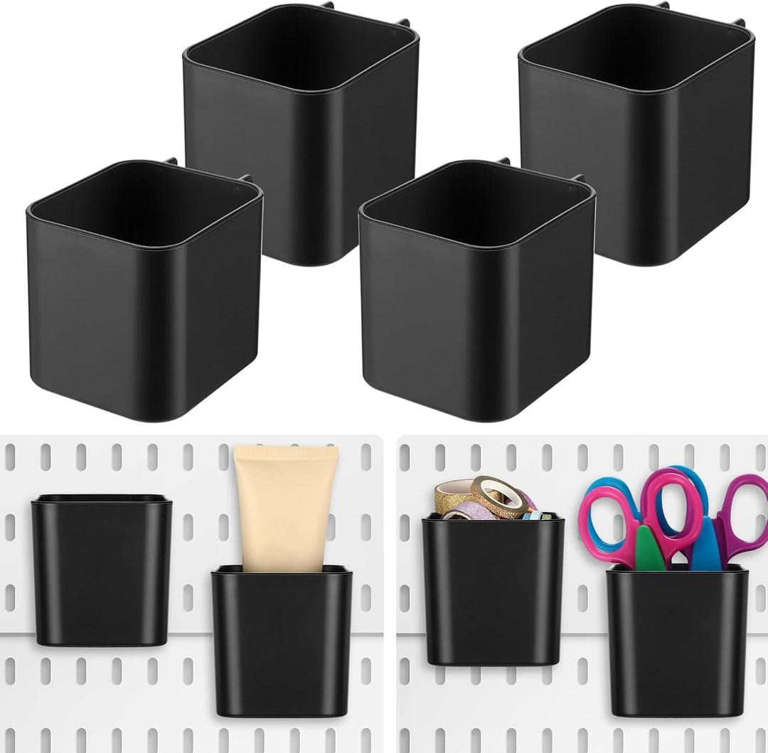 Tanlade 4 Pcs Pegboard Cups with Hooks, 2.9 x 3.5 x 3.2 Inch Pegboard Bins Accessories, Peg Board Containers Peg Board Organizer Cups for Garage Wall Kitchen Office Workbench Home(Black)