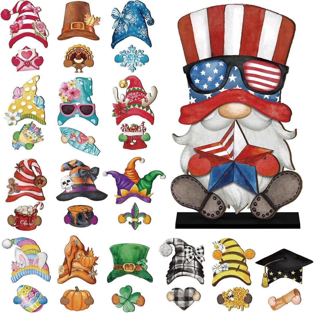 Blulu Interchangeable Wooden Gnome Decor DIY Holiday Patriotic Summer Day 4th of July Seasonal Tiered Tray Decoration with Magnet Gnomes Pieces Welcome Sign for Decorations(Retro Watercolor)